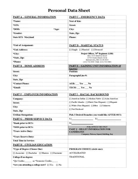 personal info sheet.